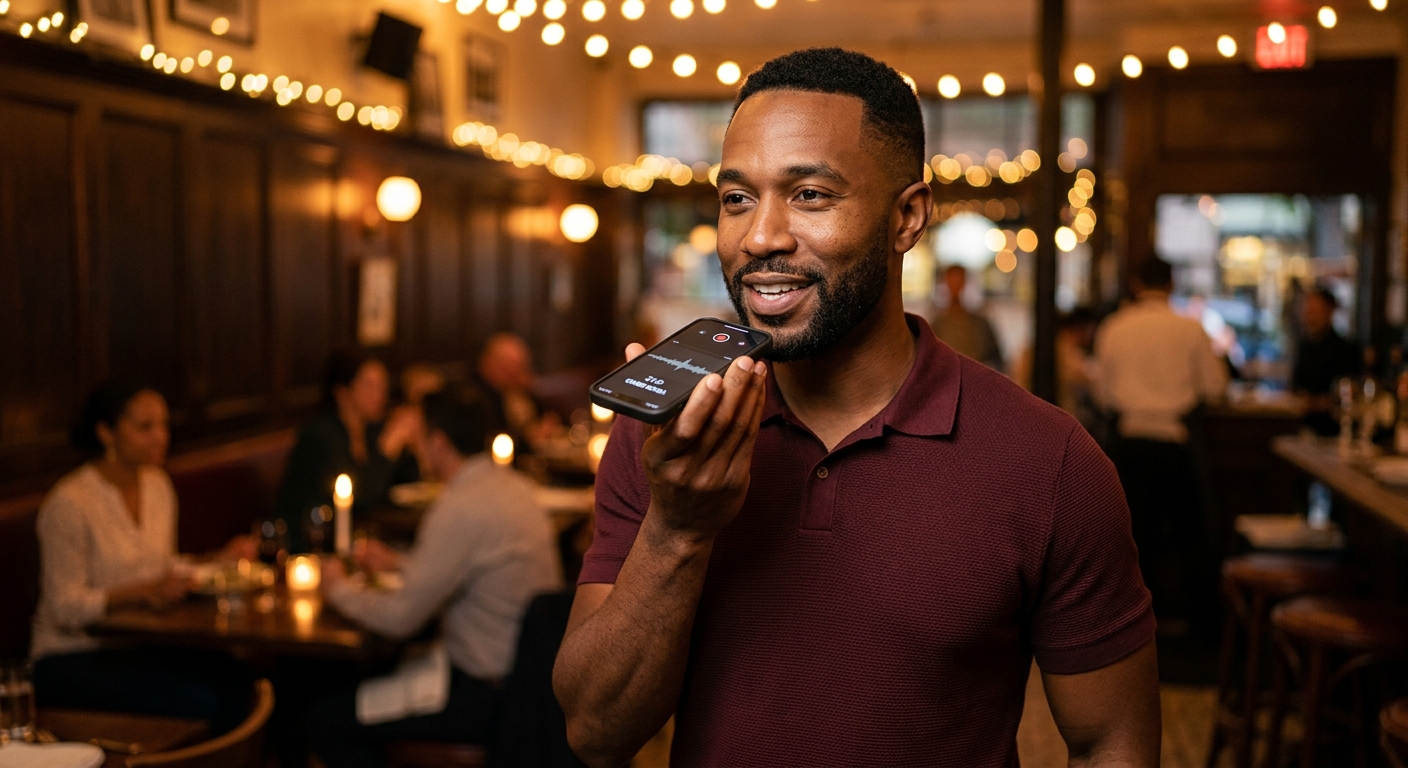 Restaurant manager recording a voice memo in a busy restaurant